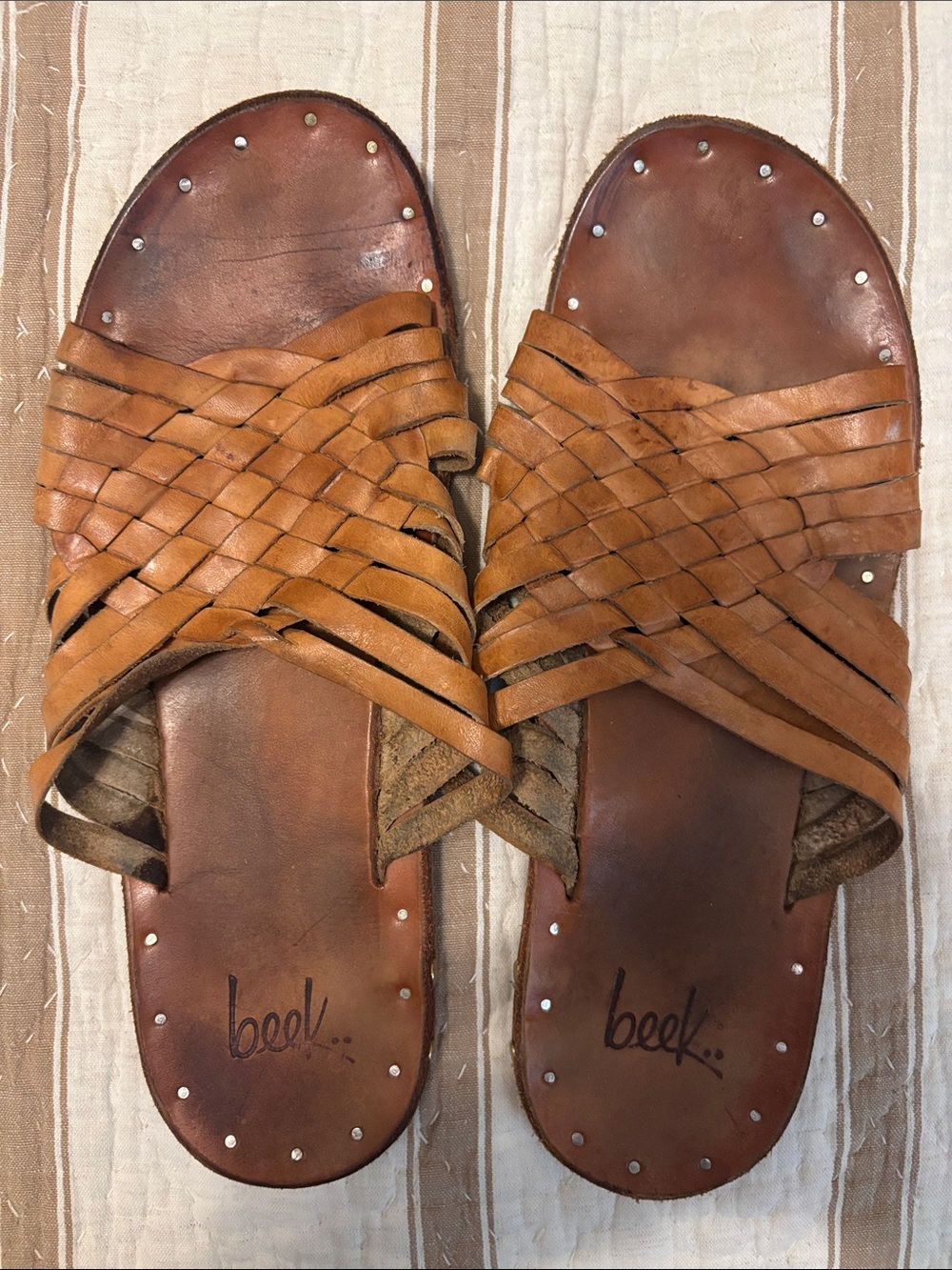Beek Women's Braided Leather Slide Sandals in Cognac Brown